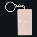 Modern Script Personalised Bridesmaid Key Ring<br><div class="desc">Add a personal touch to your wedding with personalised bridesmaid keychain. This keychain features personalised bridesmaid's name in white modern script font style and monogram in blush pink modern script font style as background with title and wedding date in white modern sans serif font style on blush pink background. Also...</div>