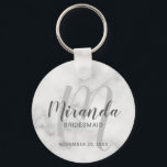 Modern Script Personalised Bridesmaid Key Ring<br><div class="desc">Add a personal touch to your wedding with personalised bridesmaid keychain. This keychain features personalised bridesmaid's name in grey modern script font style and monogram in light grey modern script font style as background with title and wedding date in grey modern sans serif font style on white marble background. Also...</div>