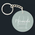 Modern Script Personalised Bridesmaid Keychain<br><div class="desc">Add a personal touch to your wedding with personalised bridesmaid keychain. This keychain features personalised bridesmaid's name in white modern script font style and monogram in sage green modern script font style as background with title and wedding date in white modern sans serif font style on sage green background. Also...</div>