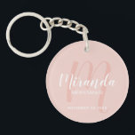 Modern Script Personalised Bridesmaid Keychain<br><div class="desc">Add a personal touch to your wedding with personalised bridesmaid keychain. This keychain features personalised bridesmaid's name in white modern script font style and monogram in blush pink modern script font style as background with title and wedding date in white modern sans serif font style on blush pink background. Also...</div>