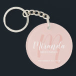 Modern Script Personalised Bridesmaid Keychain<br><div class="desc">Add a personal touch to your wedding with personalised bridesmaid keychain. This keychain features personalised bridesmaid's name in white modern script font style and monogram in blush pink modern script font style as background with title and wedding date in white modern sans serif font style on blush pink background. Also...</div>