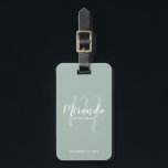 Modern Script Personalised Bridesmaid Luggage Tag<br><div class="desc">Add a personal touch to your wedding with personalised bridesmaid luggage tag. This luggage tag features personalised bridesmaid's name in white modern script font style and monogram in sage green modern script font style as background with title and wedding date in white modern sans serif font style on sage green...</div>