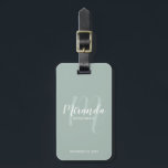 Modern Script Personalised Bridesmaid Luggage Tag<br><div class="desc">Add a personal touch to your wedding with personalised bridesmaid luggage tag. This luggage tag features personalised bridesmaid's name in white modern script font style and monogram in sage green modern script font style as background with title and wedding date in white modern sans serif font style on sage green...</div>