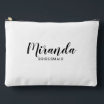Modern Script Personalised Bridesmaid Name Accessory Pouch<br><div class="desc">Modern Script Personalised Bridesmaid Gift
featuring personalised bridesmaid's name in black modern script font style with title and wedding date in modern sans serif font style on white background.

Also perfect for maid of honour,  flower girl,  mother of the bride,  groomsman,  best man and more.</div>