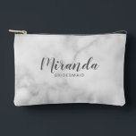 Modern Script Personalised Bridesmaid Name Accessory Pouch<br><div class="desc">Modern Script Personalised Bridesmaid Gift
featuring personalised bridesmaid's name in grey modern script font style with title and wedding date in modern sans serif font style on white marble background.

Also perfect for maid of honour,  flower girl,  mother of the bride and more.</div>