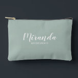 Modern Script Personalised Bridesmaid Name Accessory Pouch<br><div class="desc">Modern Script Personalised Bridesmaid Gift
featuring personalised bridesmaid's name in white modern script font style with title and wedding date in modern sans serif font style on sage green background.

Also perfect for maid of honour,  flower girl,  mother of the bride and more.</div>