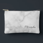 Modern Script Personalised Bridesmaid Name Accessory Pouch<br><div class="desc">Modern Script Personalised Bridesmaid Gift
featuring personalised bridesmaid's name in grey modern script font style with title and wedding date in modern sans serif font style on white marble background.

Also perfect for maid of honour,  flower girl,  mother of the bride,  groomsman,  best man and more.</div>