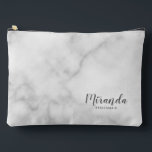 Modern Script Personalised Bridesmaid Name Accessory Pouch<br><div class="desc">Modern Script Personalised Bridesmaid Gift
featuring personalised bridesmaid's name in grey modern script font style with title and wedding date in modern sans serif font style on white marble background.

Also perfect for maid of honour,  flower girl,  mother of the bride,  groomsman,  best man and more.</div>