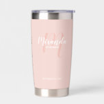 Modern Script Personalised Bridesmaid Name Insulated Tumbler<br><div class="desc">Add a personal touch to your wedding with personalised bridesmaid gift. This design features personalised bridesmaid's name in white modern script font style and monogram in blush pink modern script font style as background with title and wedding date in white modern sans serif font style on blush pink background. Also...</div>