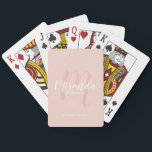 Modern Script Personalised Bridesmaid Playing Cards<br><div class="desc">Personalised Bridesmaid Gifts This design features personalised bridesmaid's name in white modern script font style and monogram in blush pink modern script font style as background with title and wedding date in white modern sans serif font style on blush pink background. Also perfect for maid of honour, mother of the...</div>