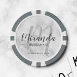 Modern Script Personalised Bridesmaid Poker Chips<br><div class="desc">Add a personal touch to your wedding with personalised bridesmaid poker chips. This design features personalised bridesmaid's name in grey modern script font style and monogram in light grey modern script font style as background with title and wedding date in grey modern sans serif font style on white marble background....</div>