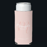 Modern Script Personalised Bridesmaid Seltzer Can Cooler<br><div class="desc">Add a personal touch to your wedding with personalised bridesmaid gift. This design features personalised bridesmaid's name in white modern script font style and monogram in blush pink modern script font style as background with title and wedding date in white modern sans serif font style on blush pink background. Also...</div>