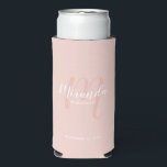 Modern Script Personalised Bridesmaid Seltzer Can Cooler<br><div class="desc">Add a personal touch to your wedding with personalised bridesmaid gift. This design features personalised bridesmaid's name in white modern script font style and monogram in blush pink modern script font style as background with title and wedding date in white modern sans serif font style on blush pink background. Also...</div>