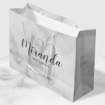 Modern Script Personalised Bridesmaid White Marble Large Gift Bag<br><div class="desc">Personalised Bridesmaids Gift Bag featuring personalised bridesmaid's name in grey modern script font style and monogram in light grey modern script font style as background with title and wedding date in grey modern sans serif font style on white marble background. Also perfect for groomsman, best man, ring bearer, father of...</div>