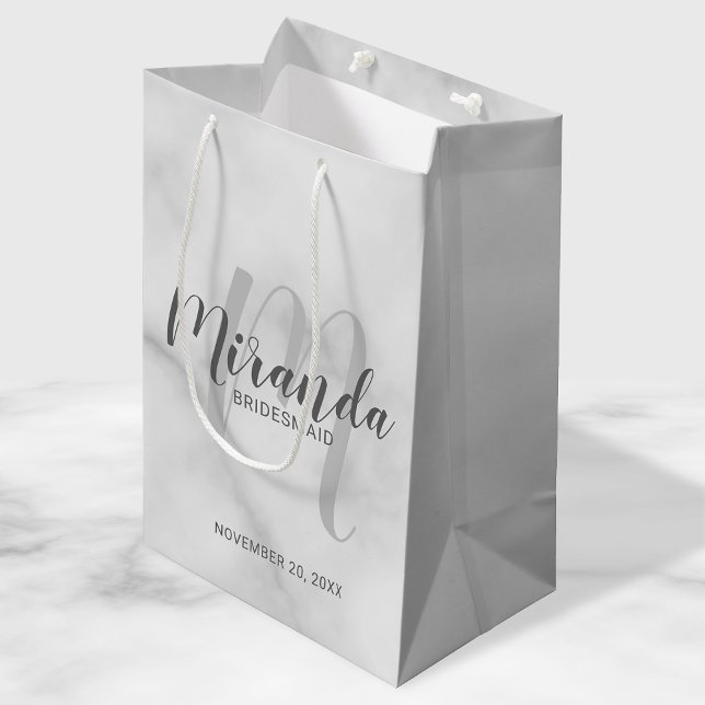 Modern Script Personalised Bridesmaid White Marble Medium Gift Bag (Creator Uploaded)
