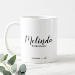 Modern Script Personalised Bridesmaids Coffee Mug<br><div class="desc">Modern Script Black and White Personalised Bridesmaids Mug
featuring personalised bridesmaid's name in modern calligraphy font style with title and wedding date in modern sans serif font style on white background.

Also perfect for Maid of Honour,  Flower Girl,  Mother of the Bride,  Groomsmen,  Best man and more.</div>