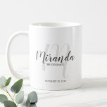 Modern Script Personalised Bridesmaids Coffee Mug<br><div class="desc">Add a personal touch to your wedding with personalised bridesmaids mug. This mug features personalised bridesmaid's name in grey modern script font style and monogram in light grey modern script font style as background with title and wedding date in grey modern sans serif font style. Also perfect for maid of...</div>