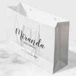 Modern Script Personalised Bridesmaids Large Gift Bag<br><div class="desc">Personalised Bridesmaids Gift Bag featuring personalised bridesmaid's name in grey modern script font style and monogram in light grey modern script font style as background with title and wedding date in grey modern sans serif font style. Also perfect for groomsman, best man, ring bearer, father of the bride, maid of...</div>