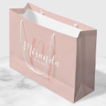 Modern Script Personalised Bridesmaids Large Gift Bag<br><div class="desc">Personalised Bridesmaids Gift Bag featuring personalised bridesmaid's name in white modern script font style and monogram in blush pink modern script font style as background with title and wedding date in white modern sans serif font style on blush pink background. Also perfect for maid of honour, flower girl, mother of...</div>