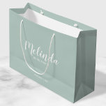 Modern Script Personalised Bridesmaids Large Gift Bag<br><div class="desc">Modern Script Personalised Bridesmaids Gift Bag
featuring personalised bridesmaid's name in white modern script font style with title and wedding date in modern sans serif font style on sag green background.

Also perfect for Maid of Honour,  Flower Girl,  Mother of the Bride and more.</div>