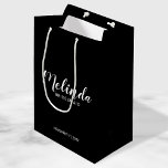 Modern Script Personalised Bridesmaids Medium Gift Bag<br><div class="desc">Modern Script Black and White Personalised Bridesmaids Gift Bag
featuring personalised bridesmaid's name in white modern script font style with title and wedding date in modern sans serif font style on black background.

Also perfect for Maid of Honour,  Flower Girl,  Mother of the Bride,  Groomsmen,  Best man and more.</div>