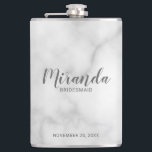 Modern Script Personalised Bridesmaid's Name Hip Flask<br><div class="desc">Add a personal touch to your wedding with personalised bridesmaid flask. This flask features personalised bridesmaid's name in grey modern script font style with title and wedding date in grey modern sans serif font style on white marble background. Also perfect for maid of honour, mother of the bride and more....</div>