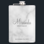Modern Script Personalised Bridesmaid's Name Hip Flask<br><div class="desc">Add a personal touch to your wedding with personalised bridesmaid flask. This flask features personalised bridesmaid's name in grey modern script font style with title and wedding date in grey modern sans serif font style on white marble background. Also perfect for maid of honour, mother of the bride and more....</div>