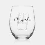 Modern Script Personalised Bridesmaids Name Stemless Wine Glass<br><div class="desc">Add a personal touch to your wedding with personalised bridesmaids gift. This design features personalised bridesmaid's name in grey modern script font style and monogram in light grey modern script font style as background with title and wedding date in grey modern sans serif font style. Also perfect for maid of...</div>