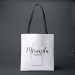 Modern Script Personalised Bridesmaids Tote Bag<br><div class="desc">Add a personal touch to your wedding with personalised bridesmaids gift tote bag. This tote bag features personalised bridesmaid's name in grey modern script font style and monogram in light grey modern script font style as background with title and wedding date in grey modern sans serif font style. Also perfect...</div>
