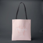 Modern Script Personalised Bridesmaids Tote Bag<br><div class="desc">Add a personal touch to your wedding with personalised bridesmaids gift tote bag. This tote bag features personalised bridesmaid's name in white modern script font style and monogram in blush pink modern script font style as background with title and wedding date in white modern sans serif font style on blush...</div>