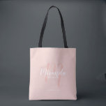 Modern Script Personalised Bridesmaids Tote Bag<br><div class="desc">Add a personal touch to your wedding with personalised bridesmaids gift tote bag. This tote bag features personalised bridesmaid's name in white modern script font style and monogram in blush pink modern script font style as background with title and wedding date in white modern sans serif font style on blush...</div>