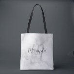 Modern Script Personalised Bridesmaids Tote Bag<br><div class="desc">Add a personal touch to your wedding with personalised bridesmaids gift tote bag. This tote bag features personalised bridesmaid's name in grey modern script font style and monogram in light grey modern script font style as background with title and wedding date in grey modern sans serif font style on white...</div>