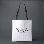 Modern Script Personalised Bridesmaids Tote Bag<br><div class="desc">Modern Script Personalised Bridesmaids Tote Bag
featuring personalised bridesmaid's name in black modern script font style with title and wedding date in modern sans serif font style on white background.

Also perfect for Maid of Honour,  Flower Girl,  Mother of the Bride and more.</div>