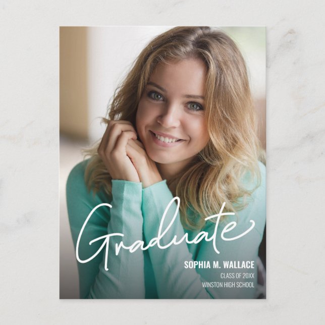 Modern Script Personalised Graduate Photo Announcement Postcard (Front)