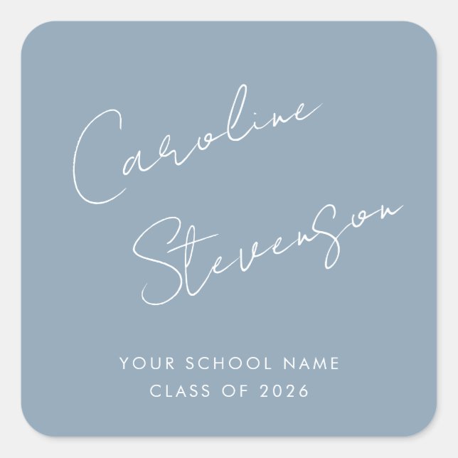 Modern Script Personalised Graduation Dusty Blue Square Sticker (Front)