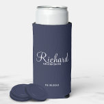 Modern Script Personalised Groomsman Can Cooler<br><div class="desc">Personalised Groomsman Gifts
featuring personalised groomsman's name in white modern script font style with title and wedding date in modern sans serif font style on navy blue background.

Also perfect for best man,  father of the bride,  bridesmaid,  maid of honour,  mother of the bride and more.</div>