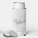 Modern Script Personalised Groomsman Can Cooler<br><div class="desc">Personalised Groomsman Gifts
featuring personalised groomsman's name in grey modern script font style with title and wedding date in modern sans serif font style on white marble background.

Also perfect for best man,  father of the bride,  bridesmaid,  maid of honour,  mother of the bride and more.</div>