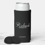 Modern Script Personalised Groomsman Can Cooler<br><div class="desc">Personalised Groomsman Gifts
featuring personalised groomsman's name in white modern script font style with title and wedding date in modern sans serif font style on black background.

Also perfect for best man,  father of the bride,  bridesmaid,  maid of honour,  mother of the bride and more.</div>