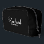 Modern Script Personalised Groomsman Dopp Kit<br><div class="desc">Personalised Groomsman Gifts
featuring personalised groomsman's name in white modern script font style with title and wedding date in modern sans serif font style on black background.

Also perfect for best man,  father of the bride,  bridesmaid,  maid of honour,  mother of the bride and more.</div>