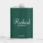 Modern Script Personalised Groomsman Hip Flask<br><div class="desc">Personalised Groomsman Gifts
featuring personalised groomsman's name in white modern script font style with title and wedding date in modern sans serif font style on emerald green background.

Also perfect for best man,  father of the bride,  bridesmaid,  maid of honour,  mother of the bride and more.</div>