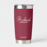 Modern Script Personalised Groomsman Insulated Tumbler<br><div class="desc">Personalised Groomsman Gifts
featuring personalised groomsman's name in white modern script font style with title and wedding date in modern sans serif font style on burgundy red background.

Also perfect for best man,  father of the bride,  bridesmaid,  maid of honour,  mother of the bride and more.</div>