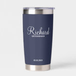Modern Script Personalised Groomsman Insulated Tumbler<br><div class="desc">Personalised Groomsman Gifts
featuring personalised groomsman's name in white modern script font style with title and wedding date in modern sans serif font style on navy blue background.

Also perfect for best man,  father of the bride,  bridesmaid,  maid of honour,  mother of the bride and more.</div>