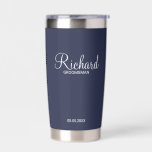Modern Script Personalised Groomsman Insulated Tumbler<br><div class="desc">Personalised Groomsman Gifts
featuring personalised groomsman's name in white modern script font style with title and wedding date in modern sans serif font style on navy blue background.

Also perfect for best man,  father of the bride,  bridesmaid,  maid of honour,  mother of the bride and more.</div>