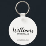 Modern Script Personalised Groomsman Key Ring<br><div class="desc">Personalised Groomsman Gifts
featuring personalised groomsman's name in black modern script font style with title and wedding date in modern sans serif font style on white background.

Also perfect for best man,  father of the bride,  bridesmaid,  maid of honour,  mother of the bride and more.</div>