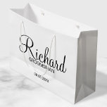 Modern Script Personalised Groomsman Large Gift Bag<br><div class="desc">Personalised Groomsman Gifts
featuring personalised groomsman's name in black modern script font style with title and wedding date in modern sans serif font style.

Also perfect for best man,  father of the bride,  bridesmaid,  maid of honour,  mother of the bride and more.</div>