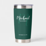 Modern Script Personalised Groomsman Name Insulated Tumbler<br><div class="desc">Add a personal touch to your wedding with personalised groomsman gift. This design features personalised groomsman's name in white modern script font style and monogram in light emerald green modern script font style as background with title and wedding date in white modern sans serif font style on emerald green background....</div>