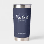 Modern Script Personalised Groomsman Name Insulated Tumbler<br><div class="desc">Add a personal touch to your wedding with personalised groomsman gift. This design features personalised groomsman's name in white modern script font style and monogram in light navy blue modern script font style as background with title and wedding date in white modern sans serif font style on navy blue background....</div>