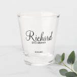 Modern Script Personalised Groomsman Shot Glass<br><div class="desc">Personalised Groomsman Gifts
featuring personalised groomsman's name in black modern script font style with title and wedding date in modern sans serif font style.

Also perfect for best man,  father of the bride,  bridesmaid,  maid of honour,  mother of the bride and more.</div>