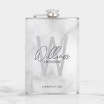 Modern Script Personalised Groomsman's Name Hip Flask<br><div class="desc">Modern Minimalist Personalised Monogram and Name Gifts This design features personalised groomsman's name in grey modern handwriting script font style and monogram in light grey modern sans serif font style as background, with wedding details in grey modern sans serif font style, on white marble background. Also perfect for best man,...</div>