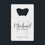 Modern Script Personalised Groomsmen<br><div class="desc">Add a personal touch to your wedding with personalised groomsmen credit card bottle opener. This bottle opener features personalised groomsmen's name in grey modern script font style and monogram in light grey modern script font style as background with title and wedding date in grey modern sans serif font style. Also...</div>